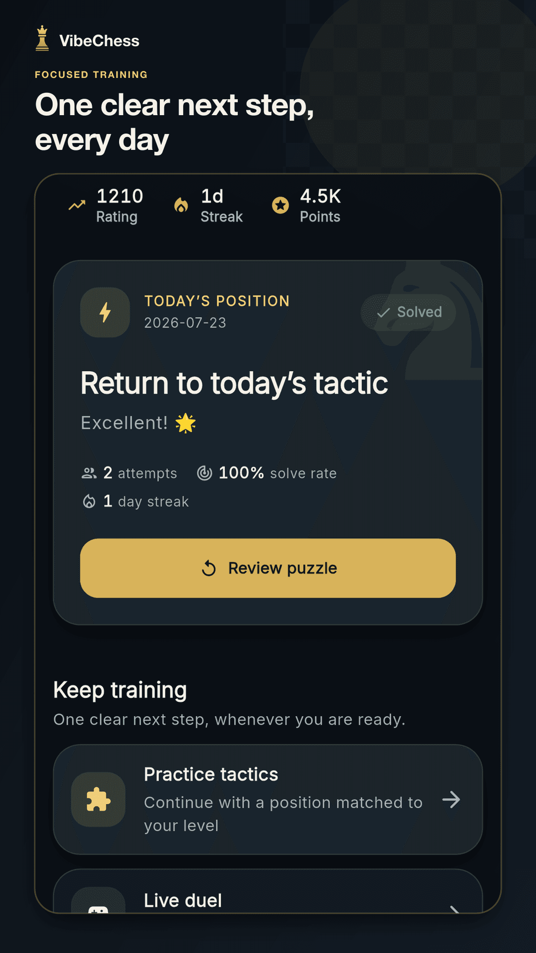 VibeChess home screen with daily puzzle and training options