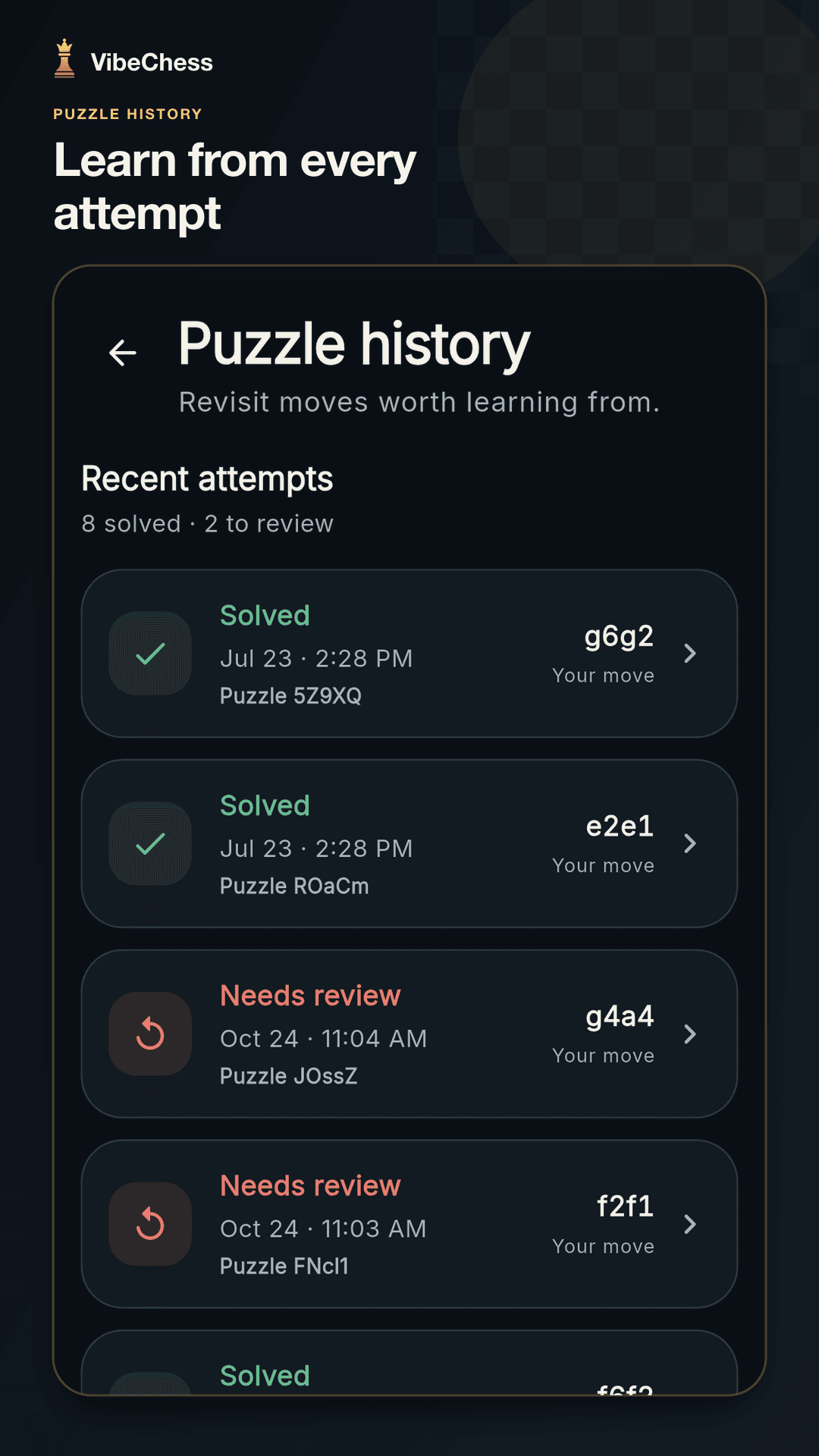 Puzzle history showing recent VibeChess attempts